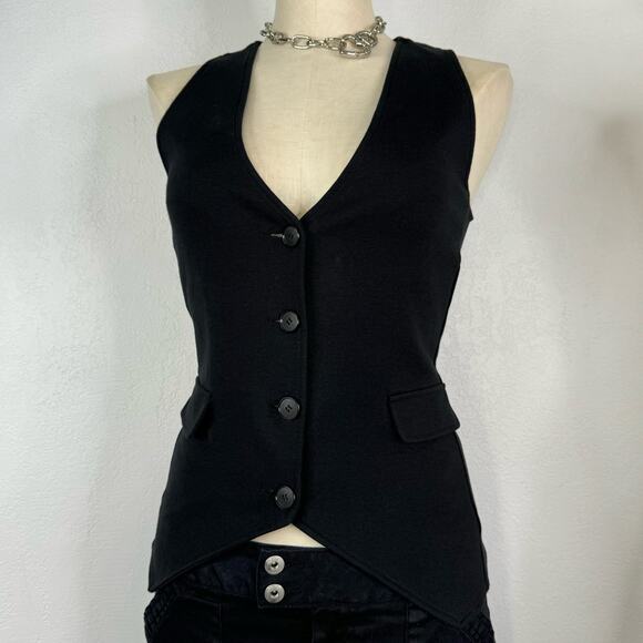 Black Wasitcoat Vest V-Neck Button Front Ruched Back Office Siren - Picture 3 of 5